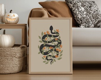Black Snake Art, Boho Halloween Decor, Halloween Printable, Dark Academia Decor, Earth Tones Halloween Wall Art, Spooky Art Print | 1601