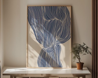Impresión descargable de arte mural de líneas abstractas - Decoración minimalista en azul índigo y beige, arte de líneas fluidas modernas / 1545