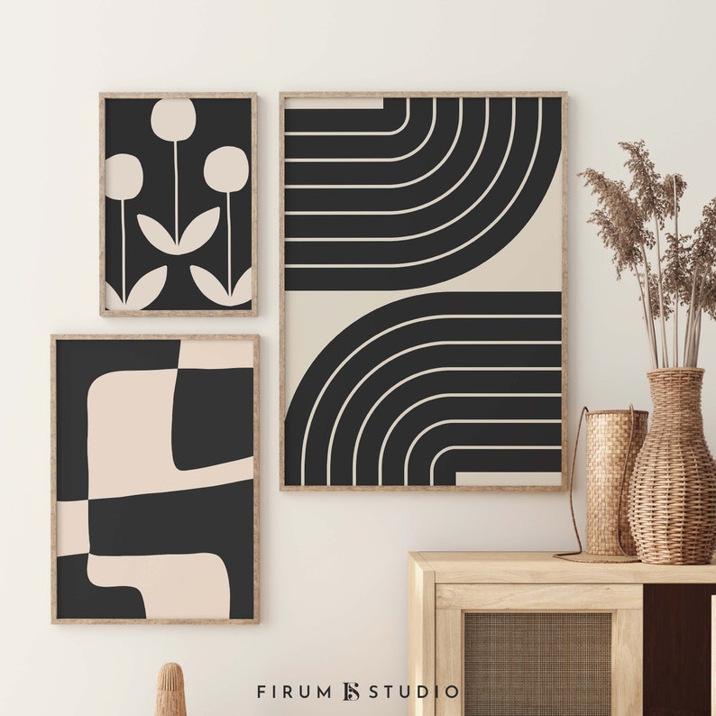 Modern Gallery Wall Set of 3 Art Prints, Printable Wall Set, Mid Century Modern Prints Set, Black and Beige Abstract Gallery 2152 image 7