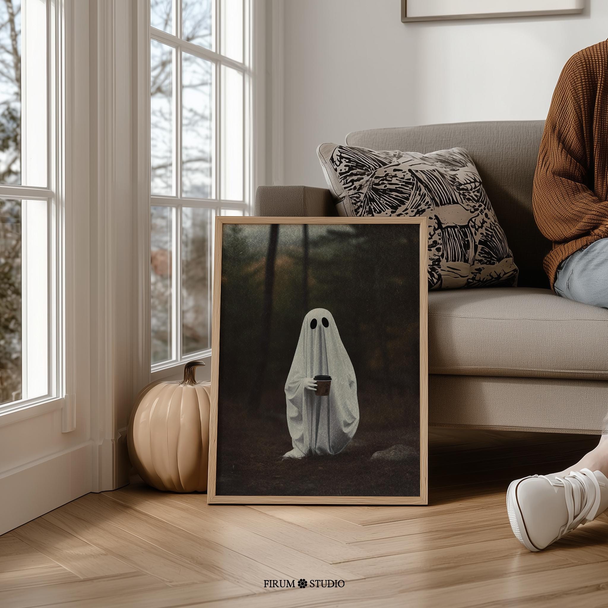 Ghost Having Coffee Printable Wall Decor, Halloween Coffee Bar Wall Art, Spooky Coffee Shop Decor, Modern Halloween Kitchen Art Print | 0528