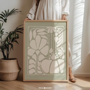 Abstract Botanical Printable Sage Green Wall Art, Organic Minimalist, Muted Green Aesthetic Room Decor, Large Abstract Print | 1013