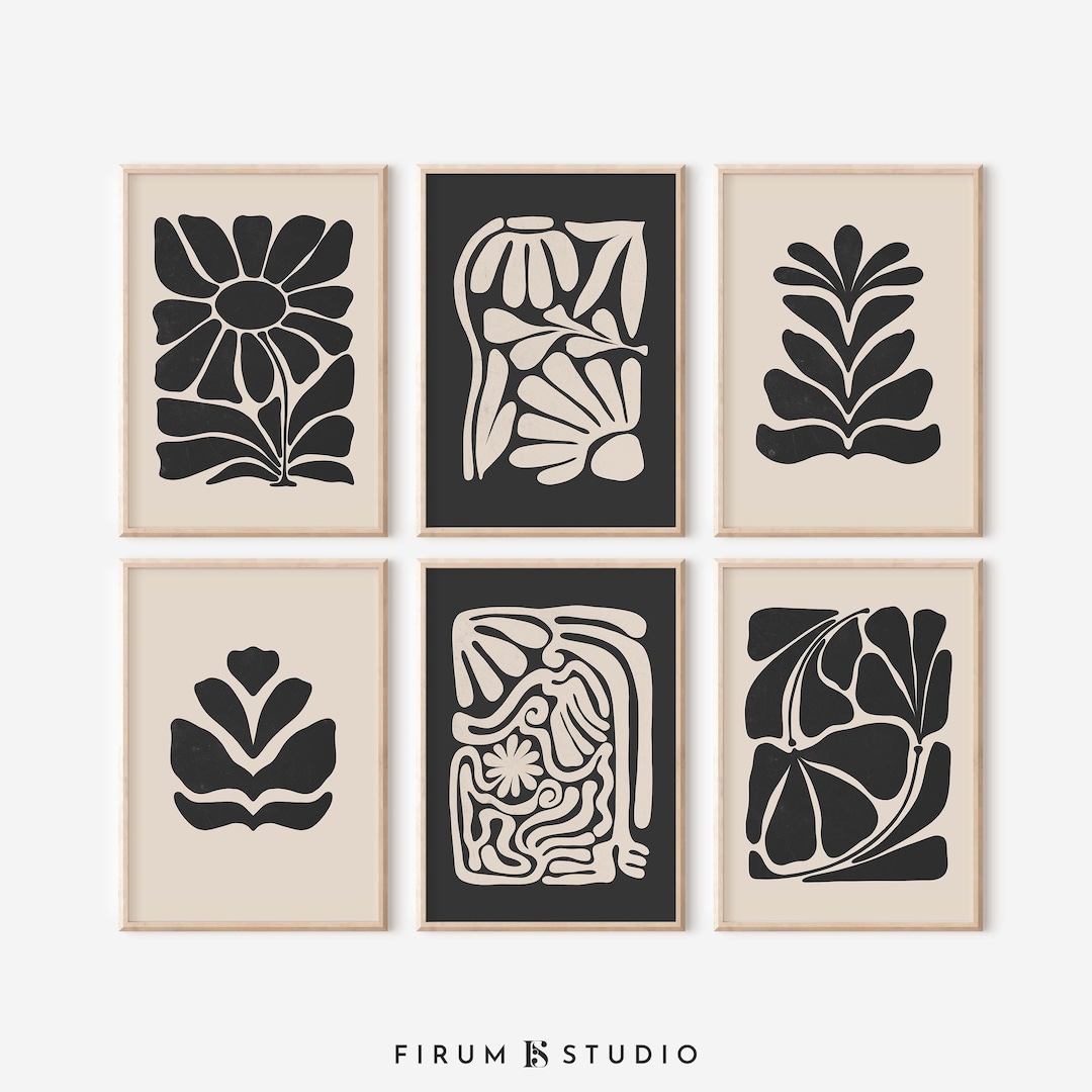 Black Beige Set of 6, Abstract Botanical, Mid Century Gallery ...
