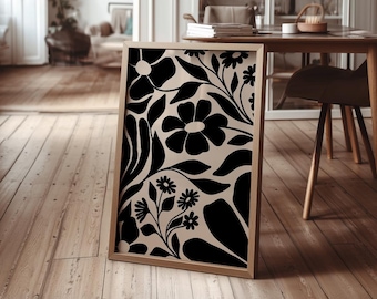 Black and Beige Botanical Print, Abstract Floral Wall Art (Digital Download)