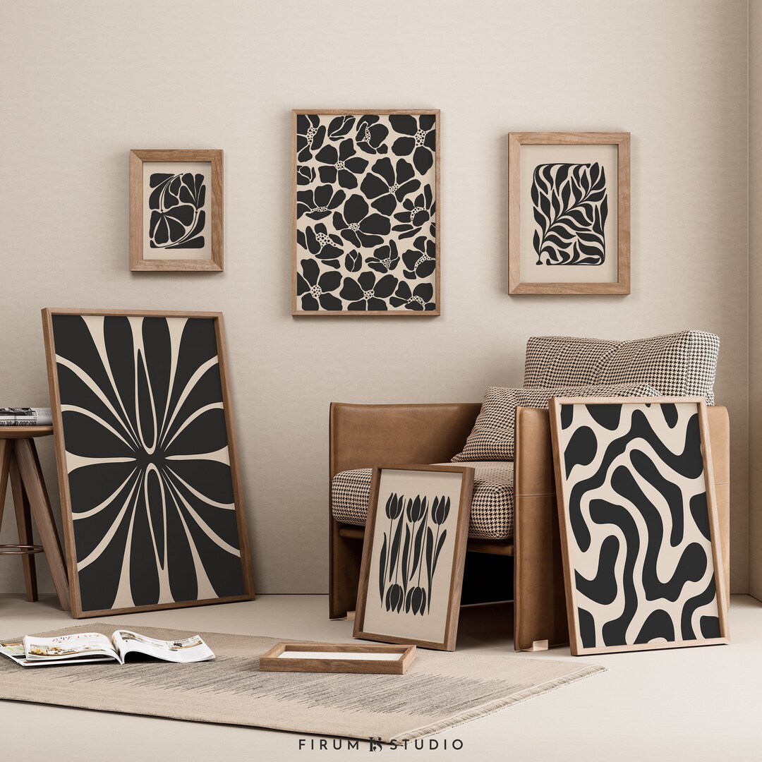 Curated visual reference: Modern Apartment Wall Decor With Ombre Patterns Reference: Beige And Black Printable Set Of 6 Wall Art Mid