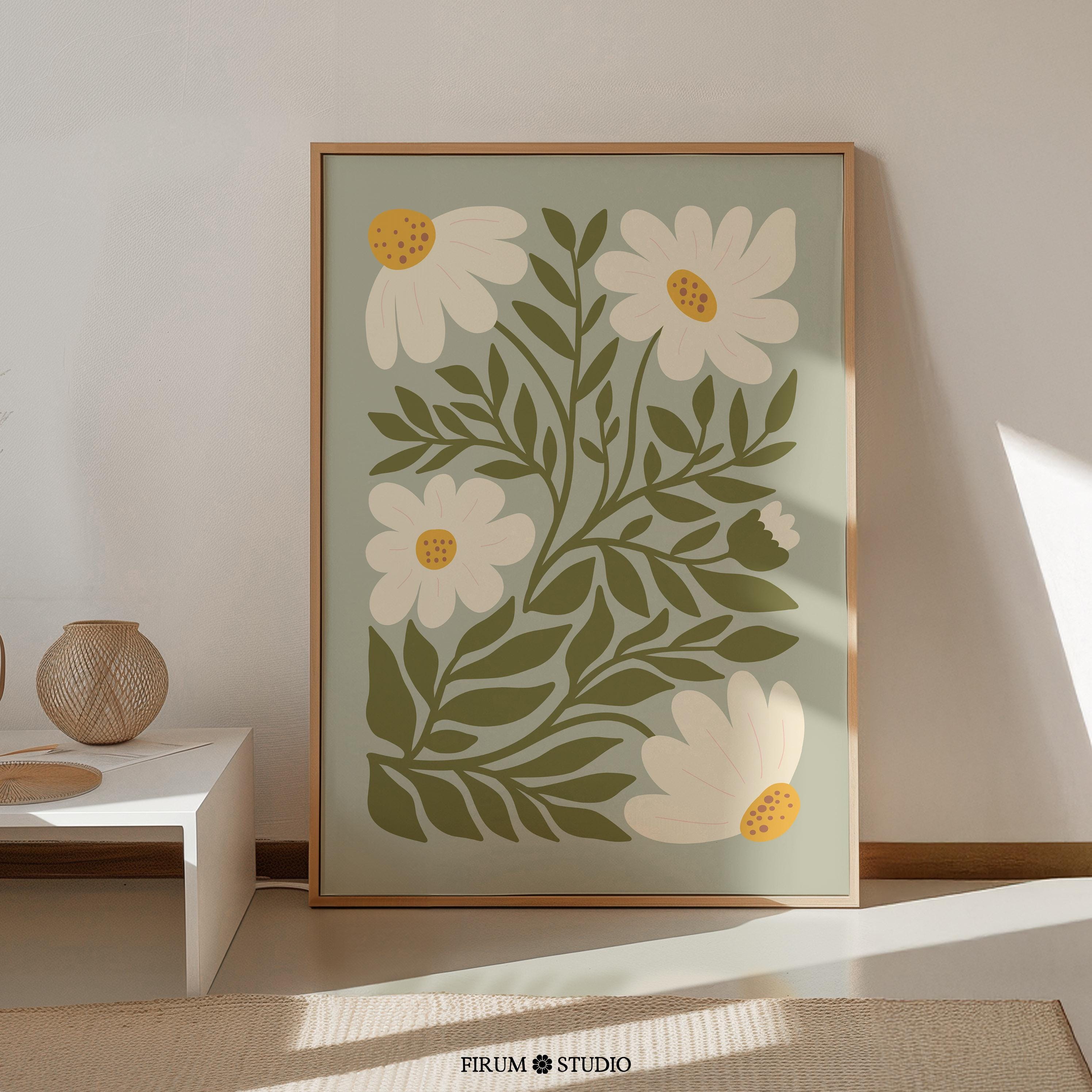 アート　PRETTY GREEN Prints 「Pocket Full」 Sage Green Daisies Downloadable Print, Boho Living Room Wall Decor