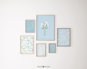 Sky Blue Botanical Gallery Wall Art, Boho Prints Set (Digital Download)