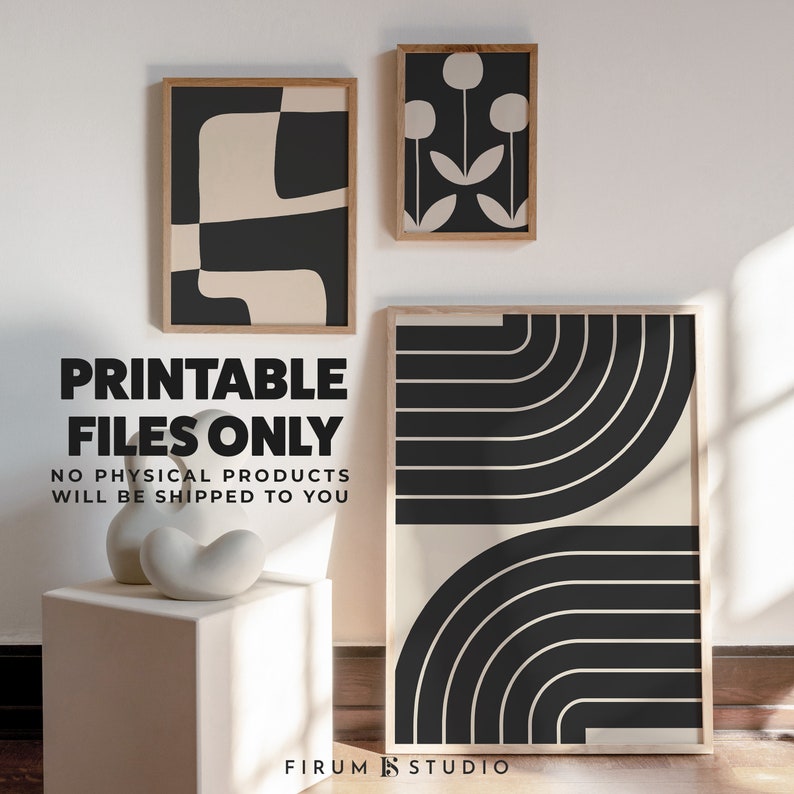 Modern Gallery Wall Set of 3 Art Prints, Printable Wall Set, Mid Century Modern Prints Set, Black and Beige Abstract Gallery 2152 image 2