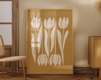Mustard Yellow Tulip Wall Art Printable - Abstract Botanical Boho Decor, Warm Mid Century Floral Art | 1950