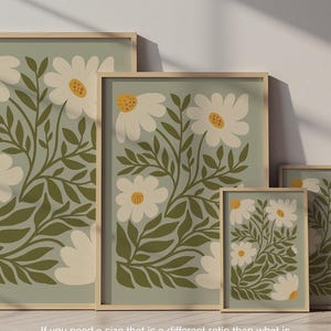Sage green daisies printable wall art featuring soft floral elements in a muted green palette. This digital artwork blends modern botanical aesthetics with minimalist decor, perfect for living rooms, bedrooms, and stylish apartments. Available as a high-resolution digital download for instant printing