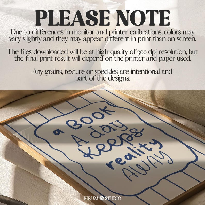 Whimsical hand-drawn wall art featuring the quote “A Book A Day Keeps Reality Away” in playful navy-blue lettering on a cream background with vertical wavy stripes and a doodled frame. This charming printable is perfect for book lovers, cozy reading nooks, or eclectic dorm decor. A delightful mix of humour and escapism, ideal for adding personality to your digital download art collection or gifting to fellow bibliophiles.