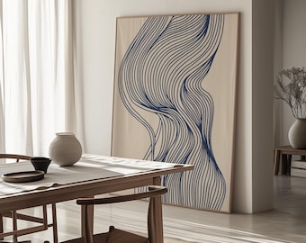 May include: A large rectangular framed wall art piece featuring a beige background with flowing, continuous dark blue line patterns that create an abstract, wave-like design. The text FIRUM STUDIO is printed in white at the bottom center.