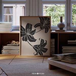 Arte de pared imprimible con lirios minimalistas, impresión artística floral negra moderna para comedor, arte de pared botánico neutro / 0731