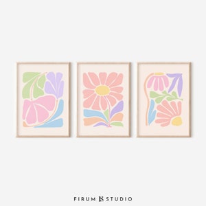 Botanical Print Set, Wall Art Set of 3, Pastel Gallery Set, Danish Pastel Decor, Digital Prints, Nursery Pastels, Flower Gallery Set