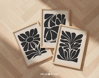 Abstract Botanical Art Print Set, Black & Beige Mid-Century Modern, Digital Download | 2105