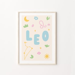 Leo Sign Decor, Danish Pastel Prints, Zodiac Room Decor, Astrology Sign Print, Downloadable Art, Boho Printable Art, Colorful Wall Art