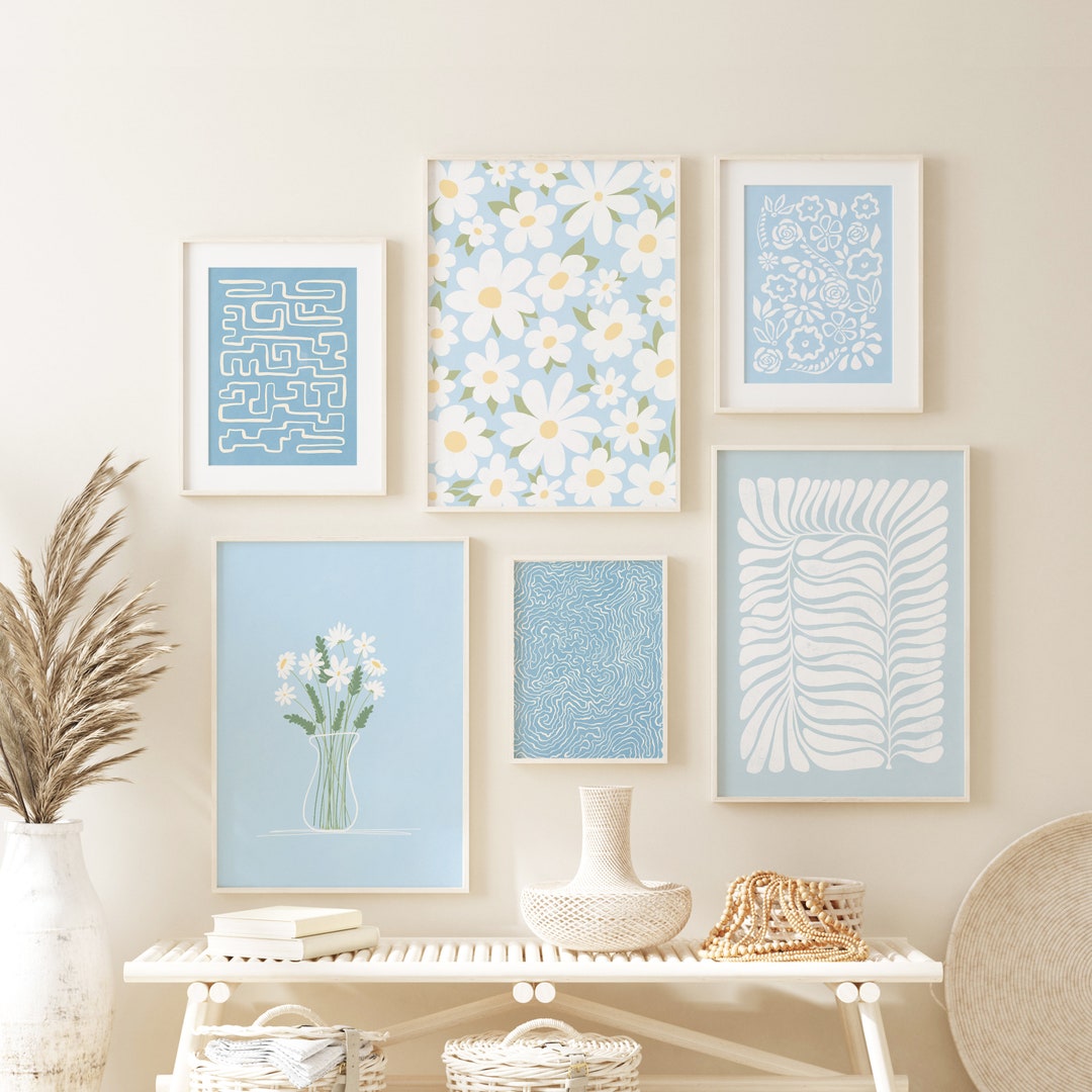 Sky Blue Wall Art Set of 6 Boho Prints, Digital Download, Printable Set of 6, Sky Blue Boho