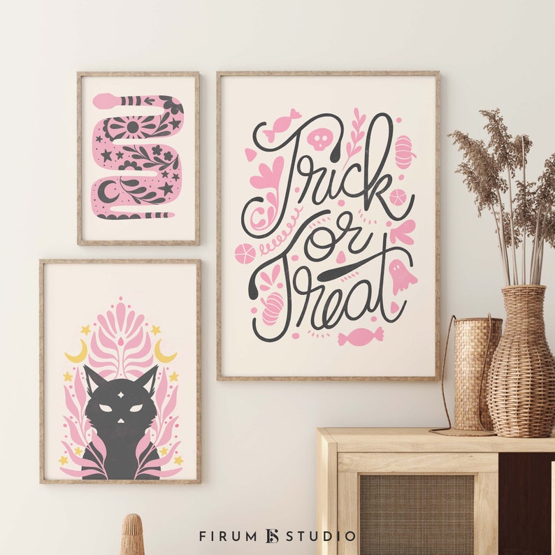 Pink Halloween Decor Wall Art Set of 3 Halloween Printables Etsy