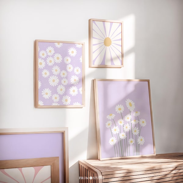 Lilac Daisy Print Set, Boho Floral Gallery Wall, Digital Download | 2126