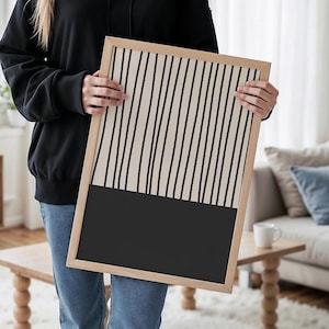 Mid Century Modern Stripes Art Print, Beige & Black Abstract Room Decor, Digital Download | 1182