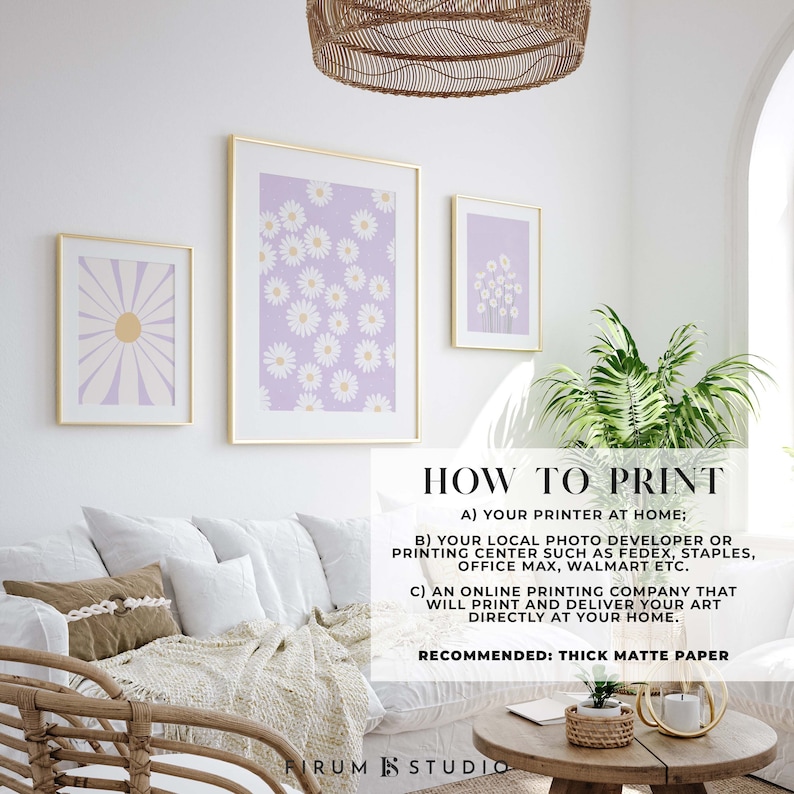 Lilac Wall Art Set of Three Prints Daisy Print Set Boho Etsy