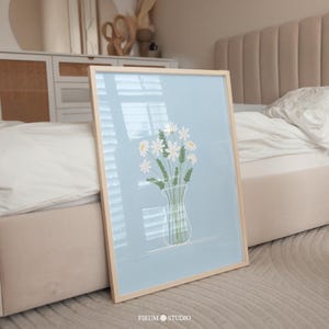 Himmelsblå prästkragekonsttryck, blommig illustration, pastellfärgad vårväggdekor, digital nedladdning | 1009
