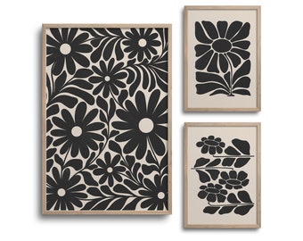 Flower Gallery Set, Black Beige Set of 3, Digital Prints, Botanical Print Set, Boho Set of 3, Maximalist Decor, Abstract Botanical, 2108