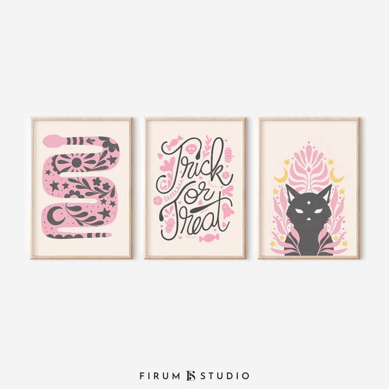 Pink Halloween Decor Wall Art Set of 3 Halloween Printables Etsy