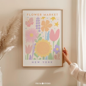 Danish Pastel Decor New York Market Printable Wall Art, Pastel Dorm Room Wall Decor, Abstract Floral Print, Cute Flower Shop Decor | 1353