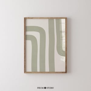 Minimalist sage green abstract stripes wall art with Japandi-inspired design. This printable artwork features organic, modern lines in a neutral color palette, perfect for contemporary living rooms, bedrooms, and offices. Available as a high-resolution digital download for instant printing