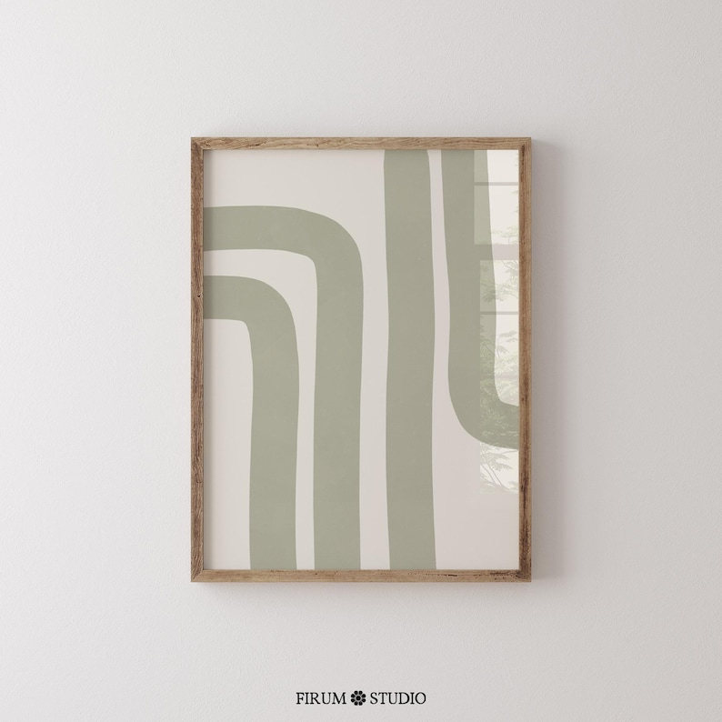 Minimalist sage green abstract stripes wall art with Japandi-inspired design. This printable artwork features organic, modern lines in a neutral color palette, perfect for contemporary living rooms, bedrooms, and offices. Available as a high-resolution digital download for instant printing