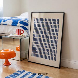 Navy Blue Geometric Abstract Grid Print, Modern Minimal Dot Pattern Wall Art, Digital Download | 1255