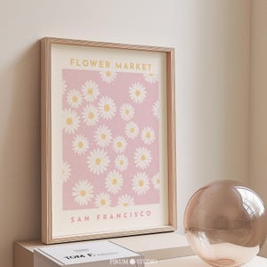 Impresión descargable en rosa pastel del mercado de flores de San Francisco, arte mural con margaritas, arte mural en rosa ruborizado, decoración de dormitorio danés en tonos pastel / 1357