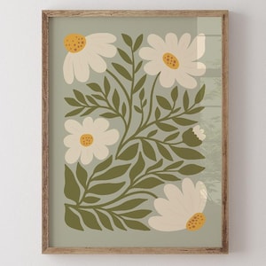 Sage green daisies printable wall art featuring soft floral elements in a muted green palette. This digital artwork blends modern botanical aesthetics with minimalist decor, perfect for living rooms, bedrooms, and stylish apartments. Available as a high-resolution digital download for instant printing