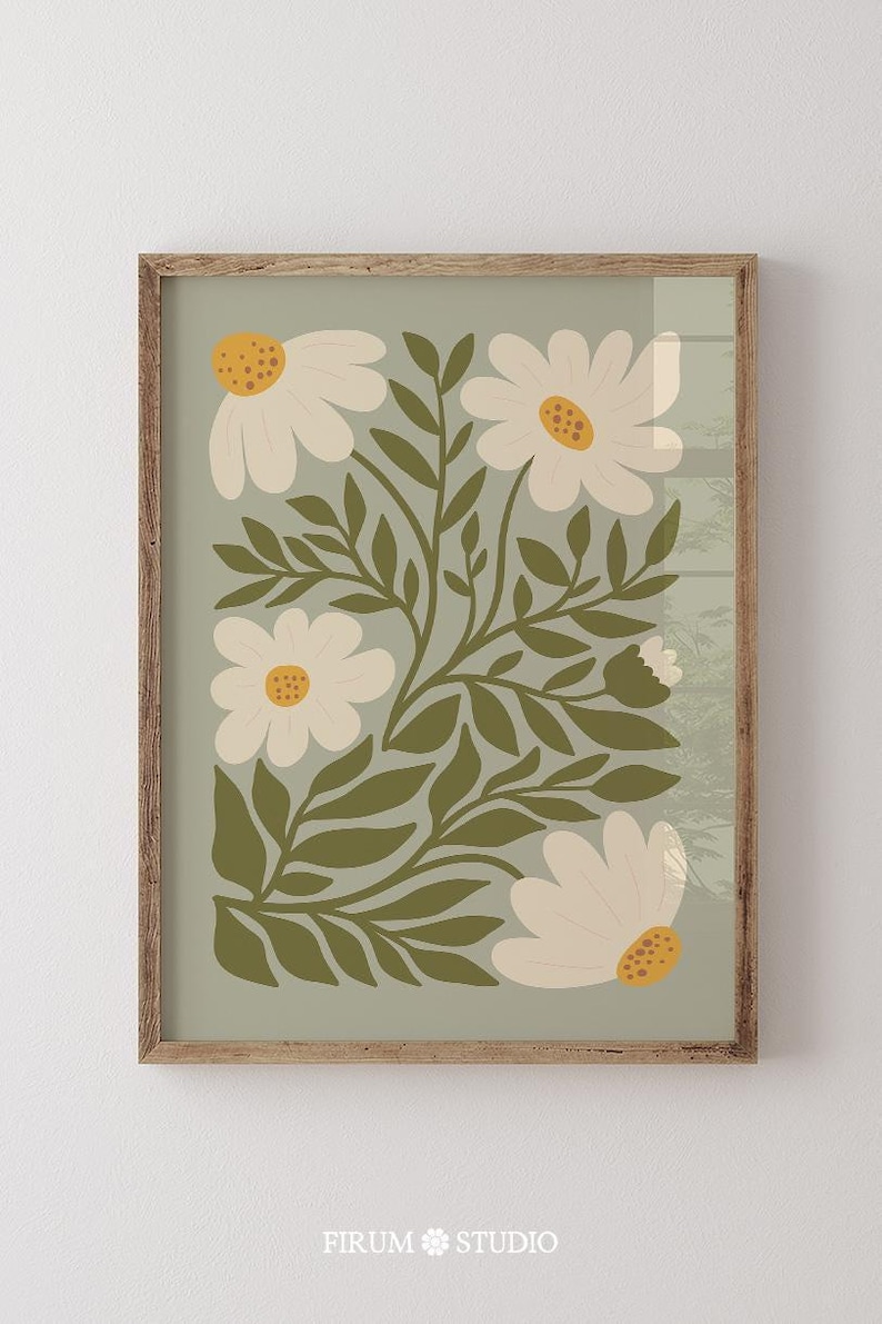 Sage green daisies printable wall art featuring soft floral elements in a muted green palette. This digital artwork blends modern botanical aesthetics with minimalist decor, perfect for living rooms, bedrooms, and stylish apartments. Available as a high-resolution digital download for instant printing