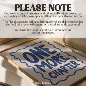 Minimalist book lover quote wall art featuring the phrase “One More Chapter” in bold, playful navy-blue lettering inside a hand-drawn squiggly border on a soft cream background. Perfect for cozy reading corners, modern bedrooms, or literary-themed dorm decor. This downloadable art print is ideal for bibliophiles and readers who just can’t put the book down. A quirky and stylish digital artwork for instant download.