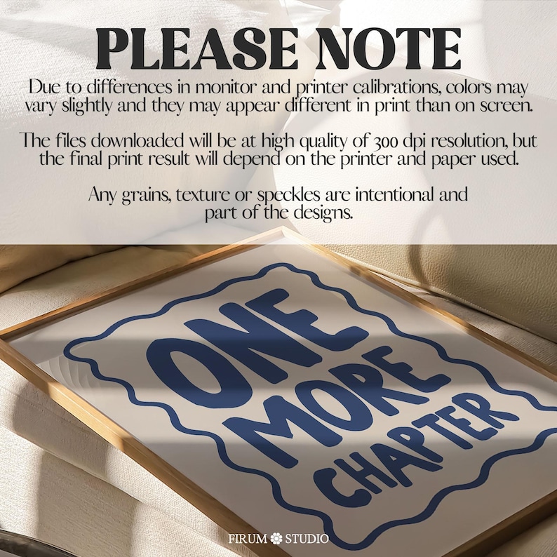 Minimalist book lover quote wall art featuring the phrase “One More Chapter” in bold, playful navy-blue lettering inside a hand-drawn squiggly border on a soft cream background. Perfect for cozy reading corners, modern bedrooms, or literary-themed dorm decor. This downloadable art print is ideal for bibliophiles and readers who just can’t put the book down. A quirky and stylish digital artwork for instant download.