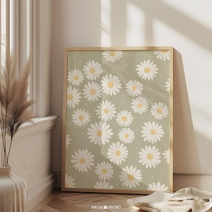 Salie groene madeliefje Art Print, botanische bloemenillustratie, gedempte appartementdecor, digitale download | 1635