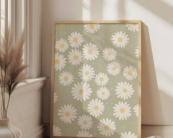 Sage Green Daisy Print, Muted Apartment Decor, Botanical Floral Art, Digital Download | 1635