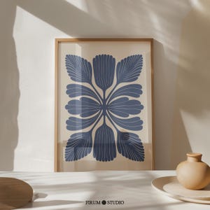 Folk moderne marineblaue abstrakte botanische Kunst, indigoblauer Druck, Wohnungs-Wanddekor, modernes zeitgenössisches Wohnzimmer-Druck | 1526