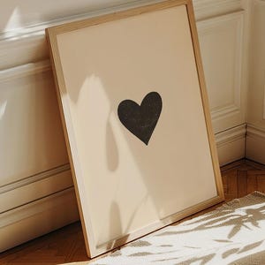 Minimalist Heart Beige and Black Downloadable Print, modern room decor. Neutral aesthetic printable wall art for bedroom or living room, minimalist digital poster. Includes printing guide