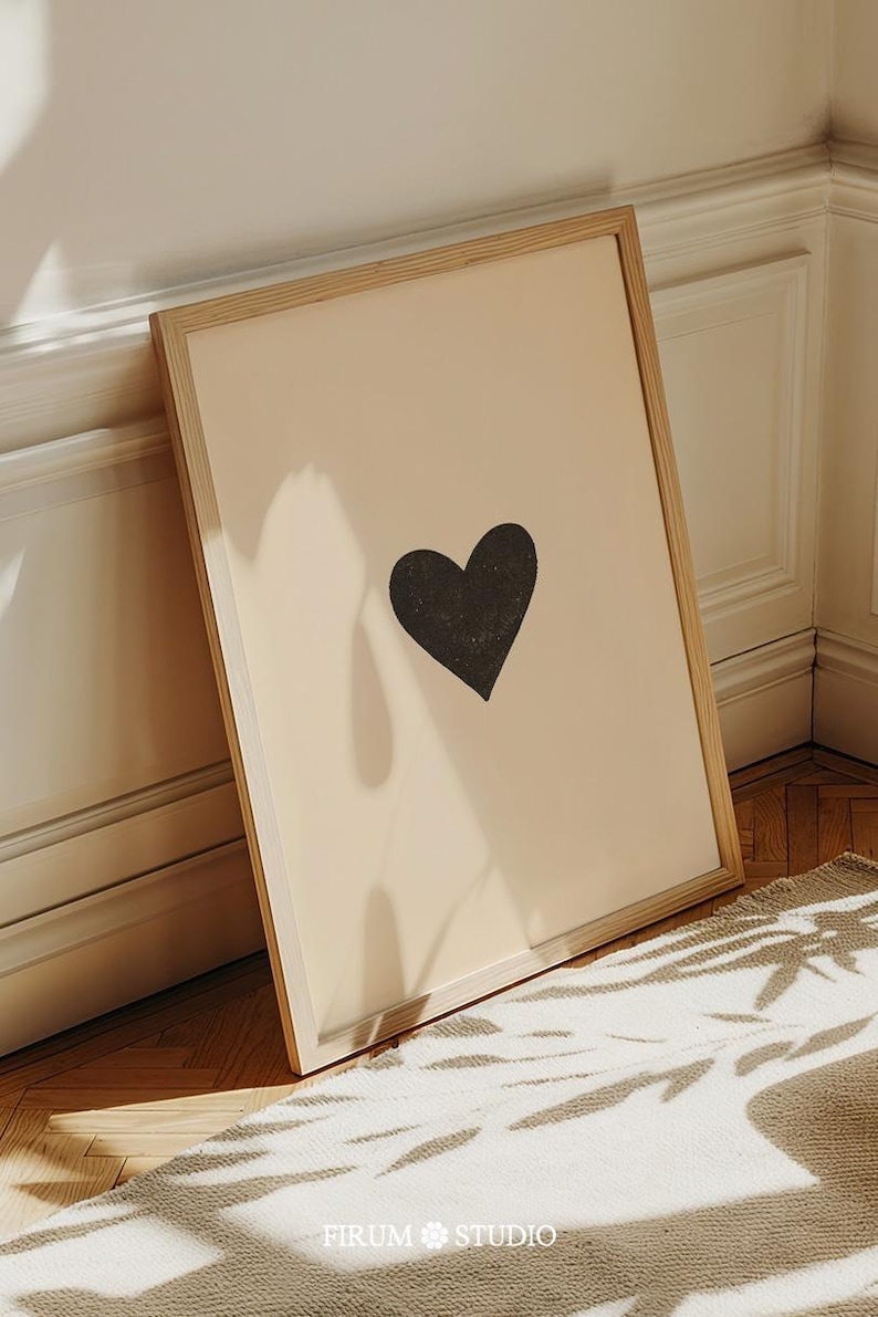 Minimalist Heart Beige and Black Downloadable Print, modern room decor. Neutral aesthetic printable wall art for bedroom or living room, minimalist digital poster. Includes printing guide