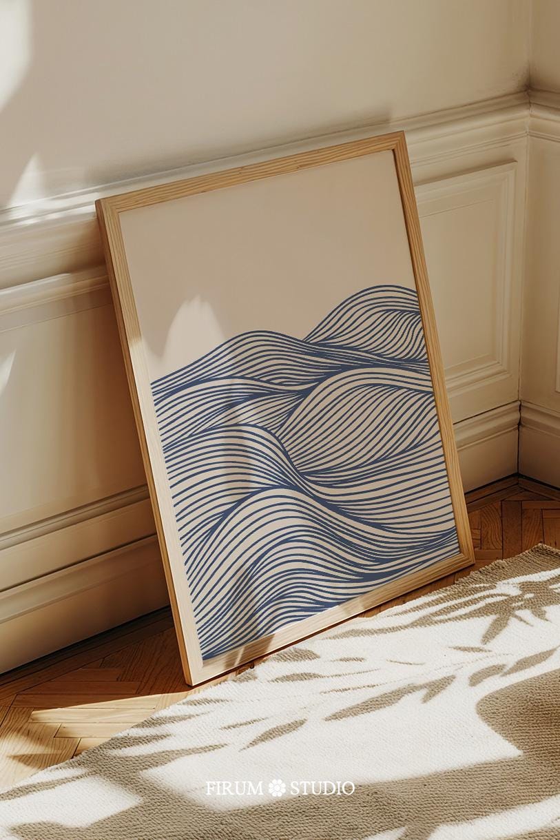 Blue Wave Line Art Print, Mid Century Modern Ocean Decor, Digital