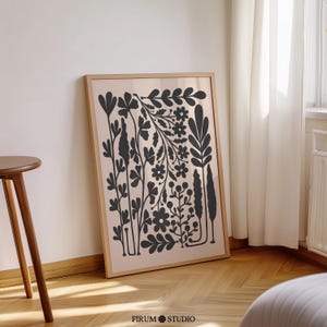 Abstracte wilde bloemenprint - zwart en beige Japandi Scandinavisch decor, digitale download | 1622