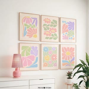 Set van 6 pastelkleurige bloemen downloadbare galerij, Deense pastelkleurige abstracte bloemen set van 6 prints, trendy slaapzaalinrichting, schattige muurprints | 2097