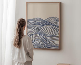 Blue Wave Line Art Print, Mid Century Modern Ocean Decor, Digital Download | 1050