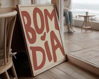 Bom Dia Print - Portuguese Typography, Red Beige Eclectic Wall Decor, Digital Download | 1648