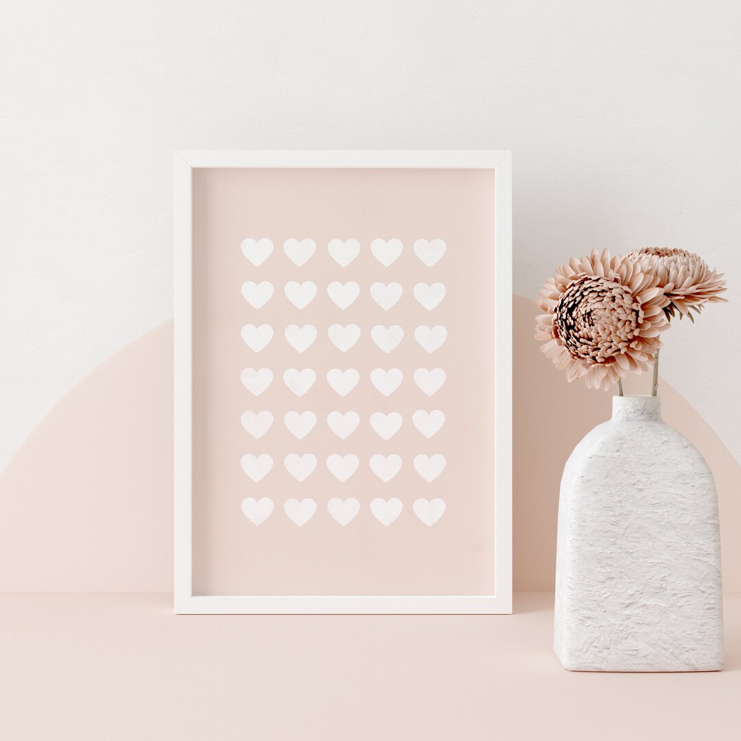Pastel Pink Wall Art, White Hearts Print, Instant Download, Pink Wall