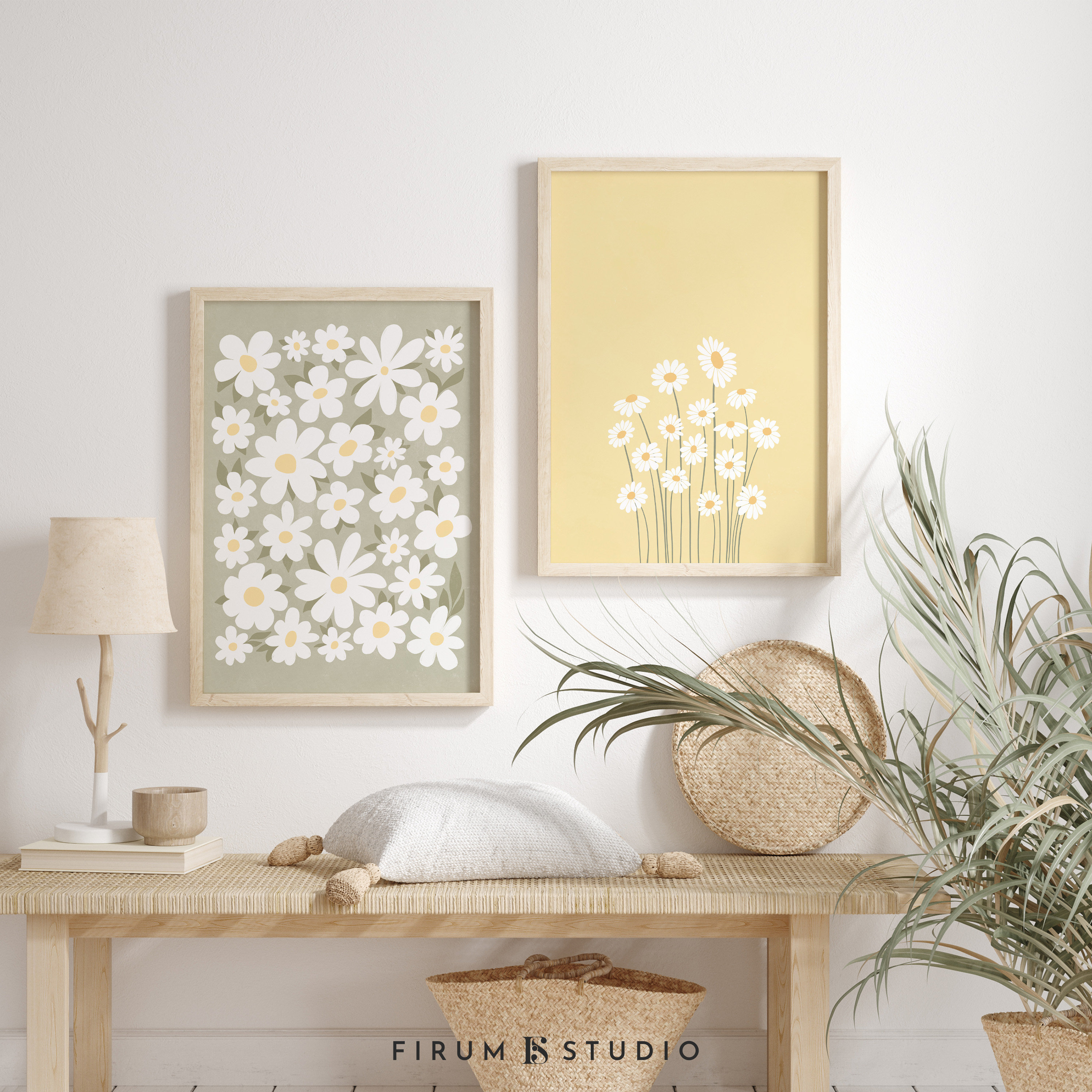 Daisy Print Set, Danish Pastel Prints, Wall Art Set of 2, Boho Printable Art, Digital Prints, Flower Printable Set, Boho Botanical Set