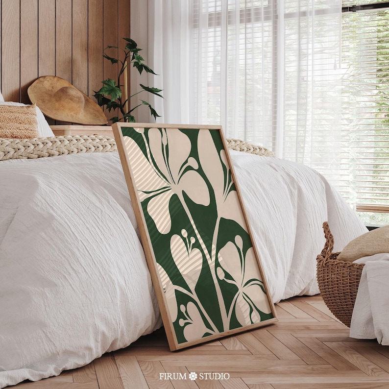 Dark green botanical wall art featuring an abstract floral design in rich moody tones. This printable artwork blends modern minimalism with an eclectic aesthetic, perfect for contemporary apartments, living rooms, and gallery walls. Available as a high-resolution digital download for instant printing