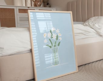 Sky Blue Wall Art, Daisy Printable, Digital Download, Daisies Wall Art, Sky Blue Flower Shop Décor, Flower Art Print Illustration | 1009